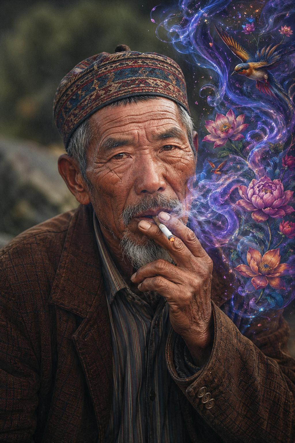 A detailed, realistic portrait captures an elderly man with a weathered face, i… AI image prompt example